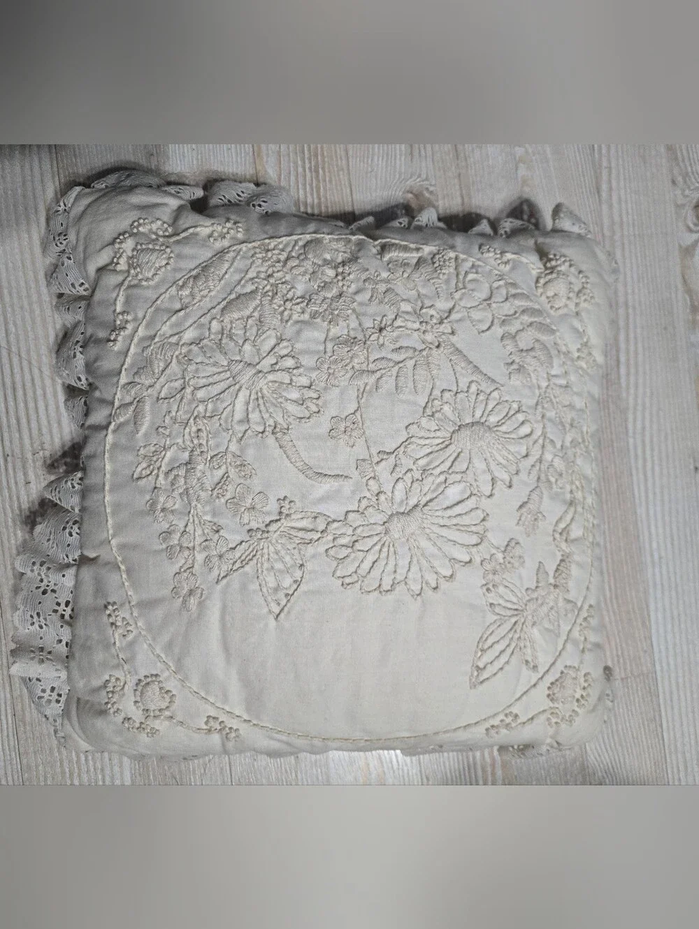 Vintage Cream Floral Embroidered Throw Pillow